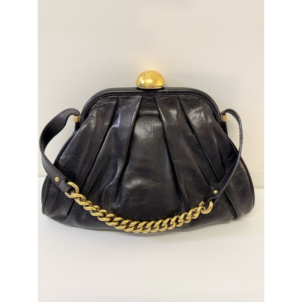 Vintage Black Leather Frame Clutch Bag Purse Leopard Print Lining Gold Chain